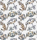 Seamless texture with vintage multicolored cartoon anchors with paper ribbon. Hand drawn illustration. Vector pattern Royalty Free Stock Photo